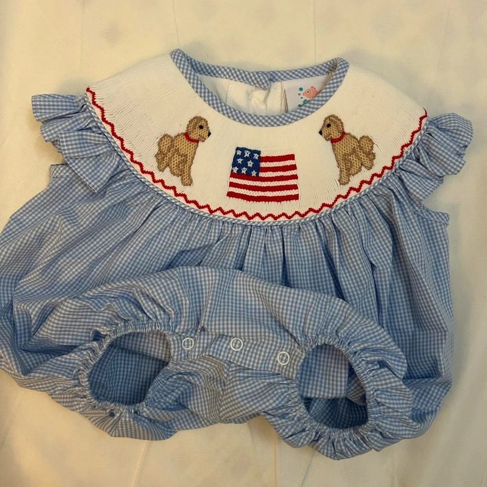 Smocked Blue Gingham Baby One-Piece with Flag & Puppy Embroidery